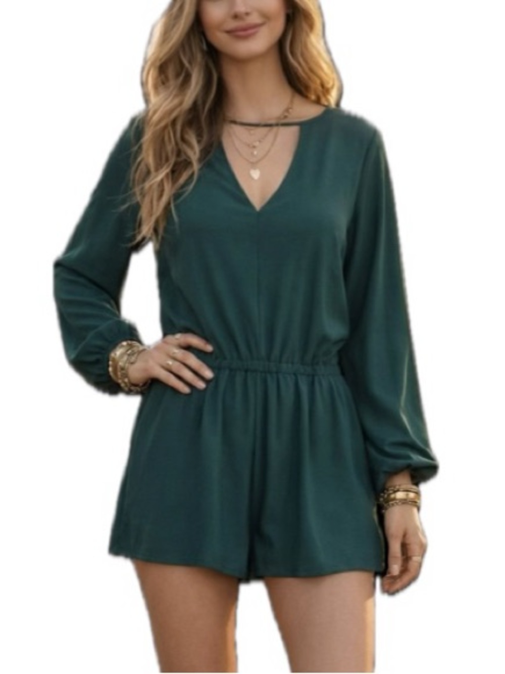 Leith Long Sleeve Romper Womens Size XS Small Emerald Green Peekaboo Split Neck